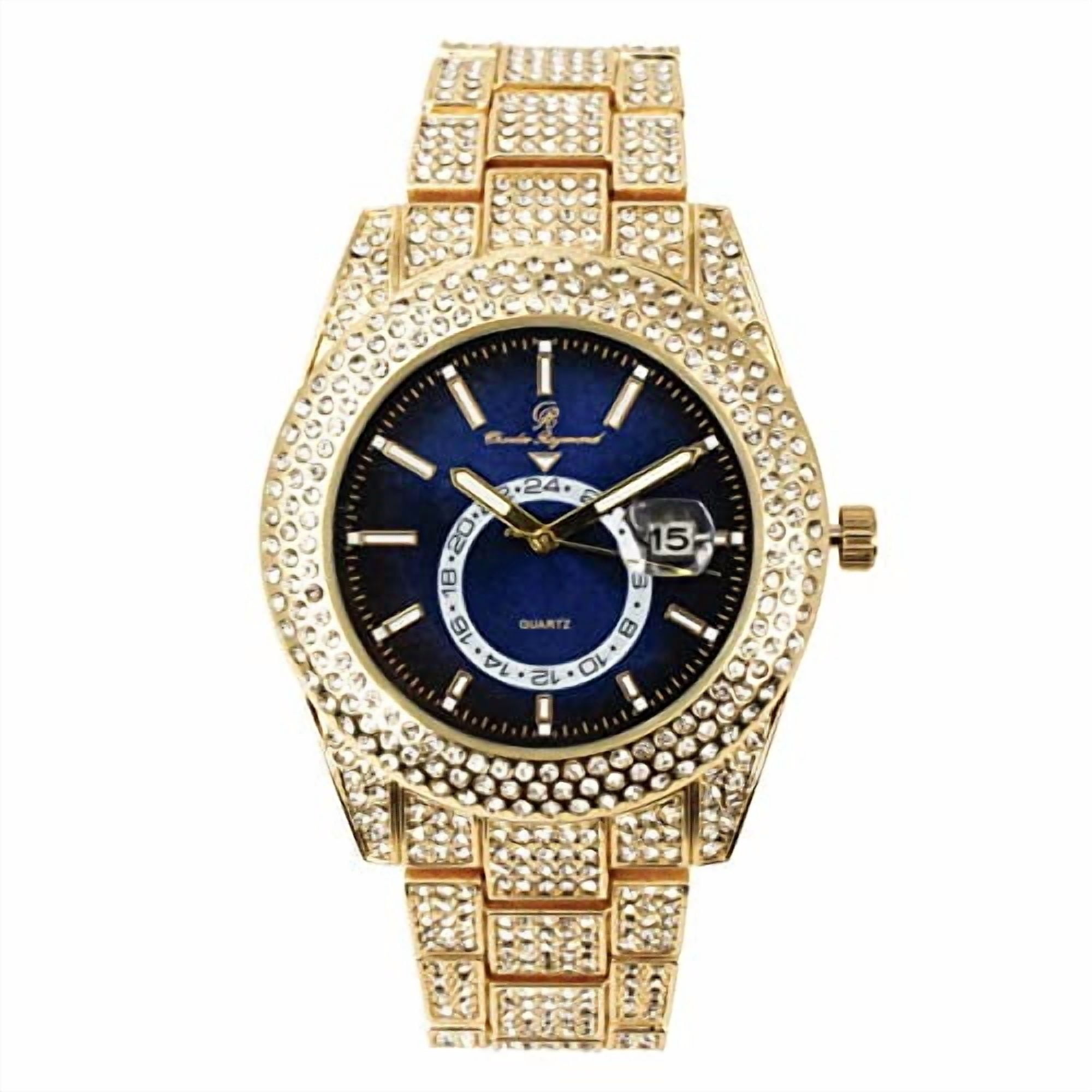 Charles Raymond Minimalist Designer Iced Out Watch with Date Window on dial A Hip Hop Clone Conspiracy Timepiece to Become a King of Bling - ST10328A (ST10328A Gold- Black- Blue)