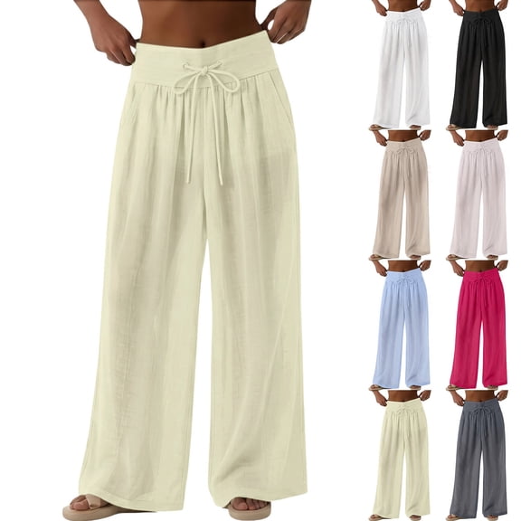 Women's Linen Pants High Waisted Pant Summer Casual Wide Leg Drawstring Trousers Beach Vacation Clothes by Yigetop Light Ashy L