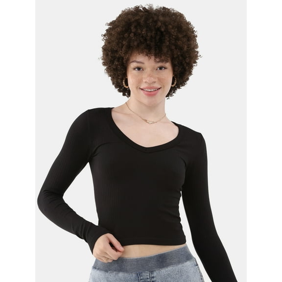 No Boundaries Seamless V-Neck Top with Long Sleeves, Women's XXS-XXL