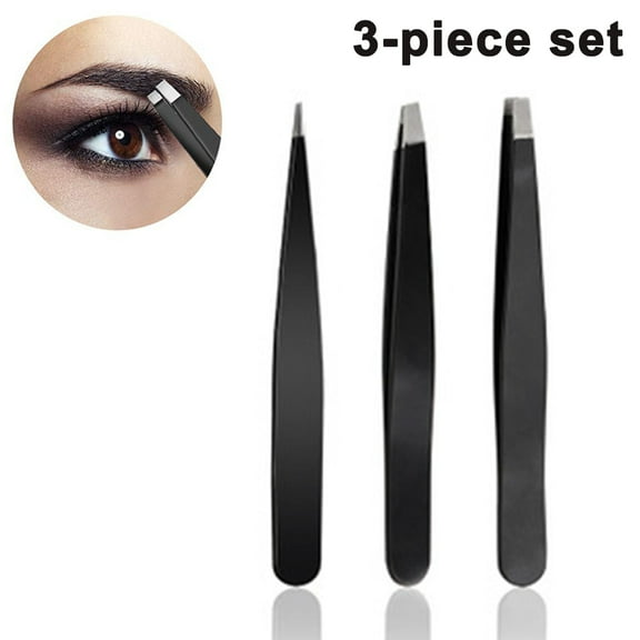 Tweezers Set Stainless Steel Slant Tip & Precision Facial Hair Removal Tweeezers,Eyebrow Hair,Splinter,Black,Ingrown Hair/Tick Remover-Ends Meet Perfect,Black,3-piece set