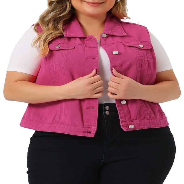 Unique Bargains Women‘s Plus Size Chest Pockets Single Breasted Denim Sleeveless Jacket