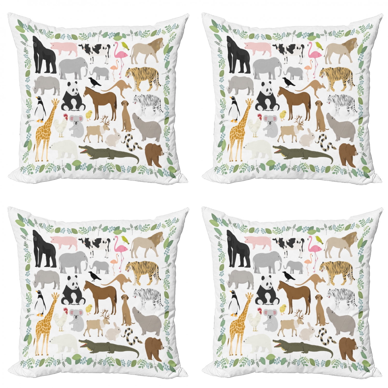Animal Throw Pillow Cushion Case Pack of 4, Various Forest Creatures with Leaves Around as Frame