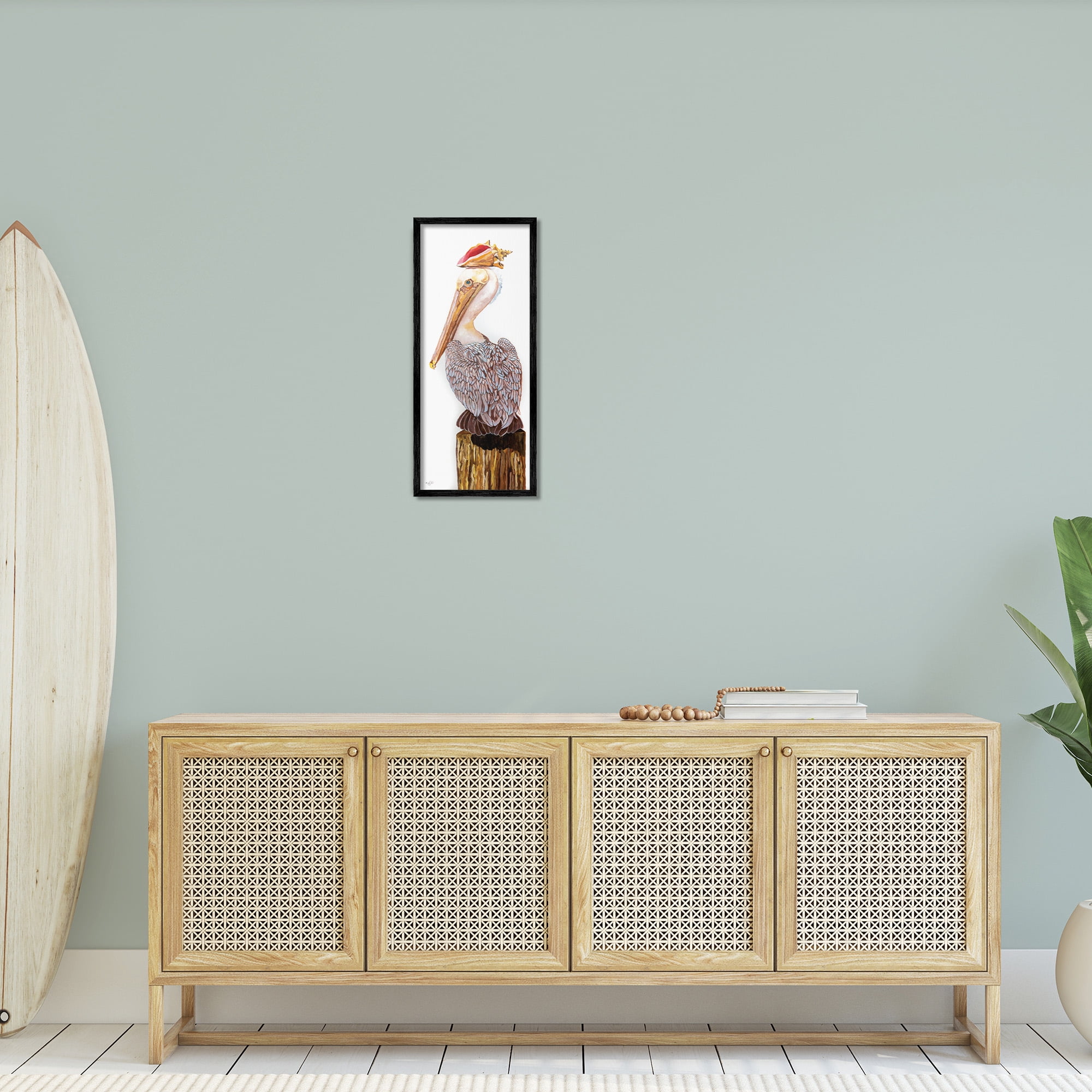 Stupell Industries Nautical Pelican with Sea Shell Animals & Insects Painting Black Framed Art Print Wall Art, 10 x 24