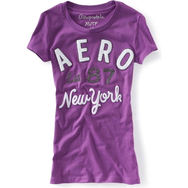 Aeropostale Mujer Aero Est. Camiseta gráfica 87 Glittery, púrpura, grande Aeropostale Camiseta gráfica