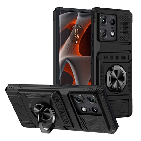 Kryonix for Motorola Moto Edge 50 Pro Case with Wallet Card Holder [Store 2 Cards] 360° Magnetic Rotated Ring Kickstand,Armor Shockproof Case,Military Grade Heavy Duty Protection Cover,Black