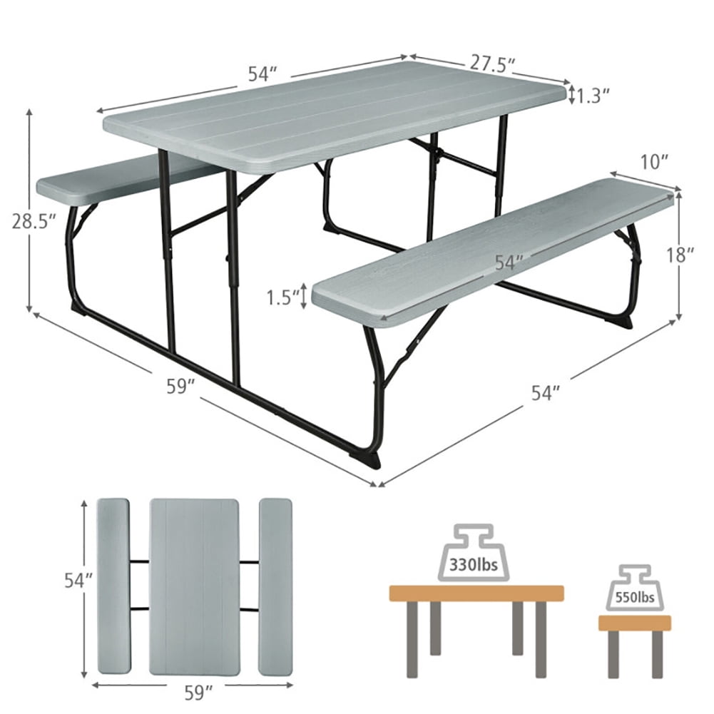Aimee Lii Indoor and Outdoor Folding Picnic Table Bench Set, Outdoor Patio Furniture Set, Gray