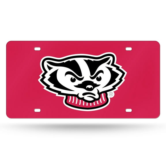 Wisconsin NCAA Badgers Red Mirror Look Acrylic License Plate Laser Tag