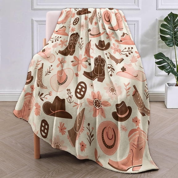 Soft Warm Cowboy Blanket Gift Cowboy Blanket Women Gift Western Hat And Boots Pattern Flannel Blanket Soft Warm Lightweight Blanket for Bed Sofa Home Travel Decoration