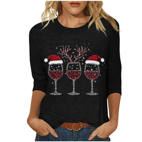 Hvot&aat Ladies' Christmas Printed Loose Casual Round Neck With Three Quarter Sleeves And 3/4 Sleeves T-shirt Pullover Top