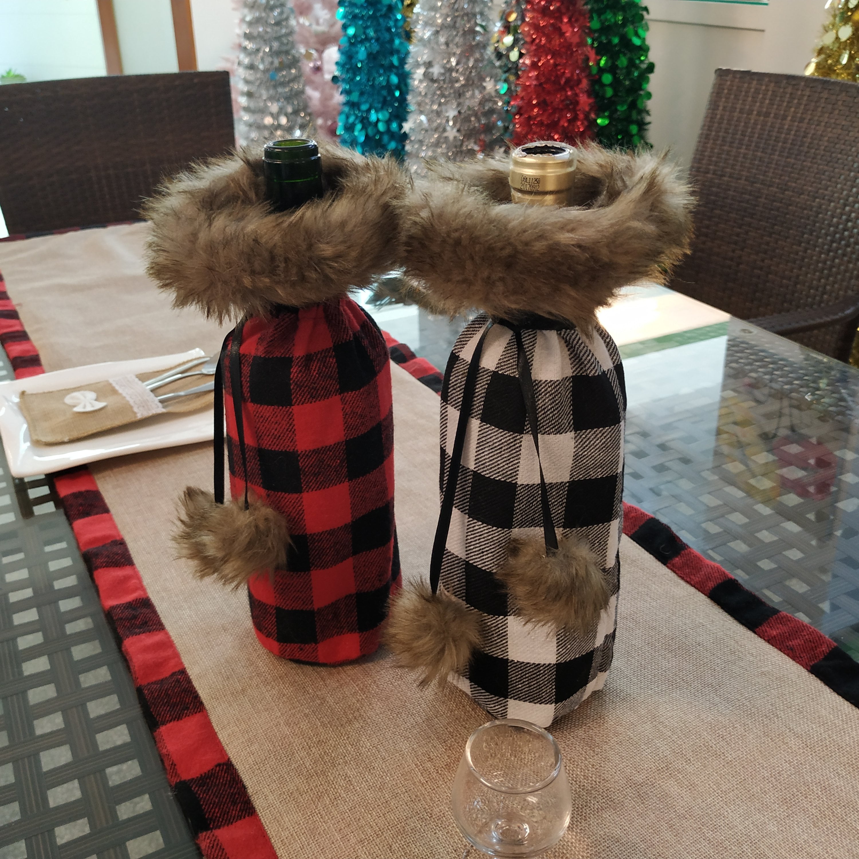 2 PCs Faux Fur Wine Bottle Cover with Drawstring for Christmas Holiday Party Home Table Decorations Christmas Wine Bottle Cover Bags