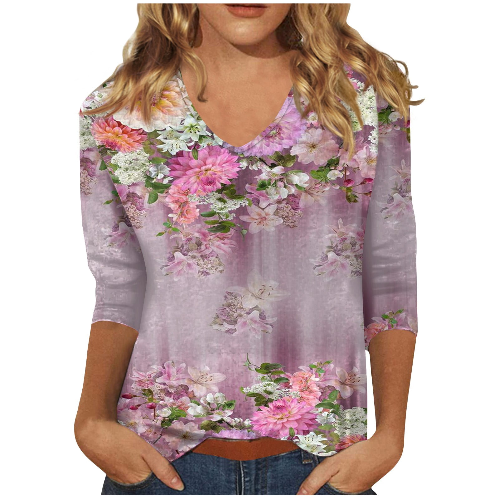 Qcmgmg 3/4 Sleeve Shirts for Women Loose Fit V Neck Elbow Sleeves Tops