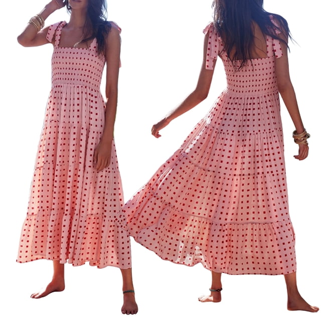 goowrom Femmes Imprimé Slip Sans Manches Cravate Bateau Cou Maxi Robe