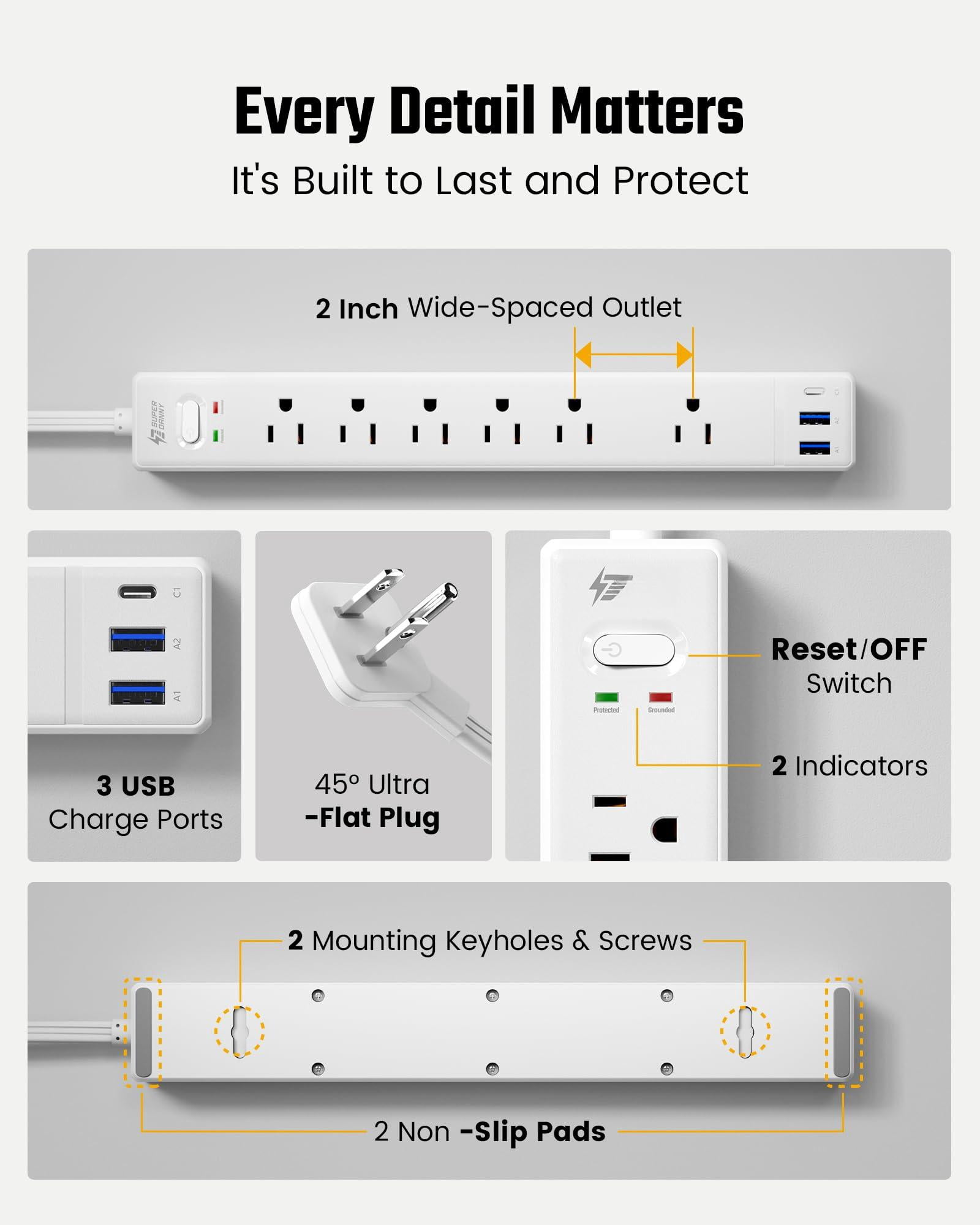 15ft Long Extension Cord  Surge Protector Power Strip With 6 Outlets & 3 Usb Ports Flat Plug Wall Mountable Desk Charging Station For Home Office College Dorm Room