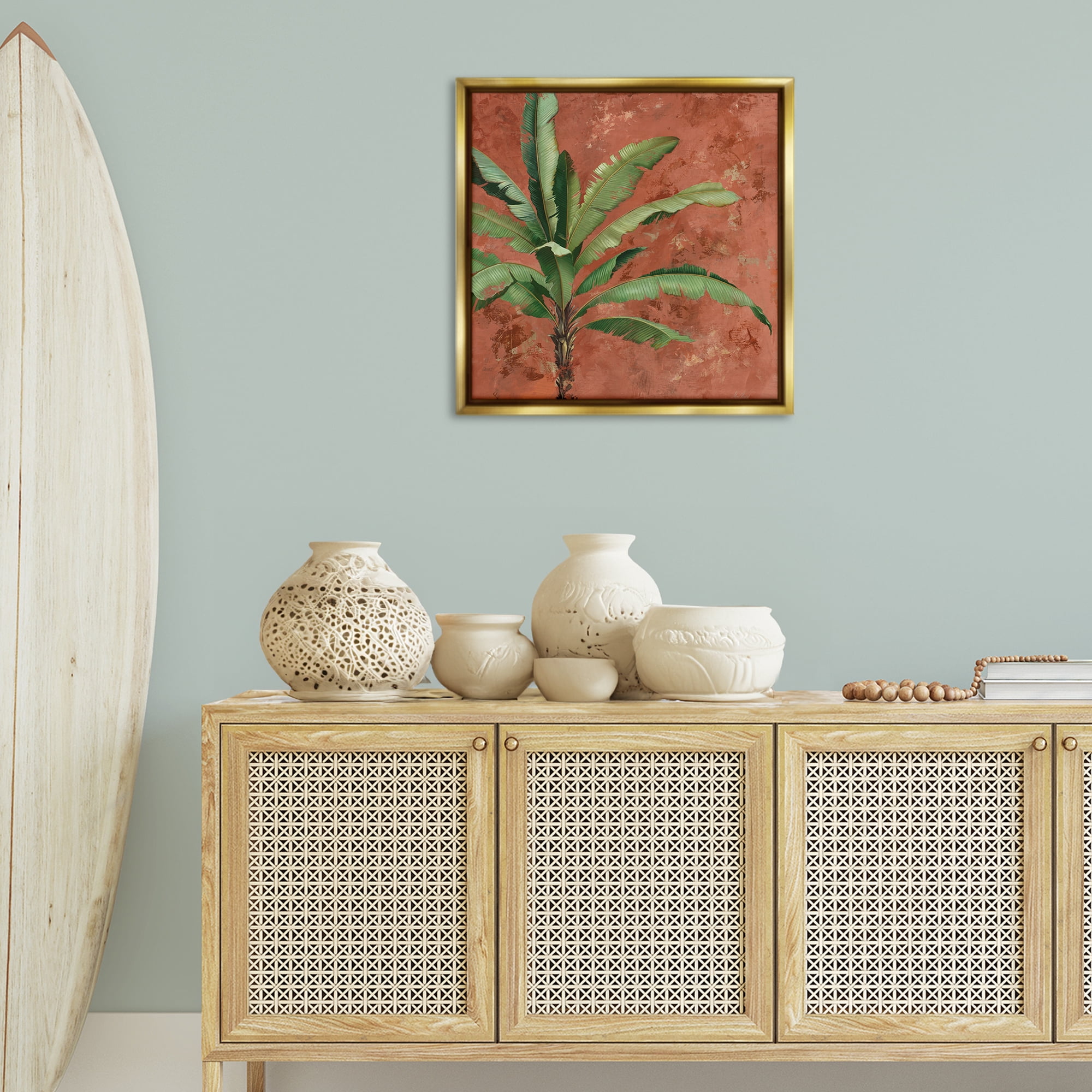 Stupell Industries Palm on Muted Red Botanical & Floral Painting Gold Floater Framed Canvas Art Print Wall Art, 25 x 25