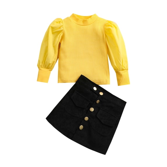 Toddler Baby Girl Puff Sleeve Ribbed Knit Sweater Tops High Waist Skirts Set Fall Winter Clothes