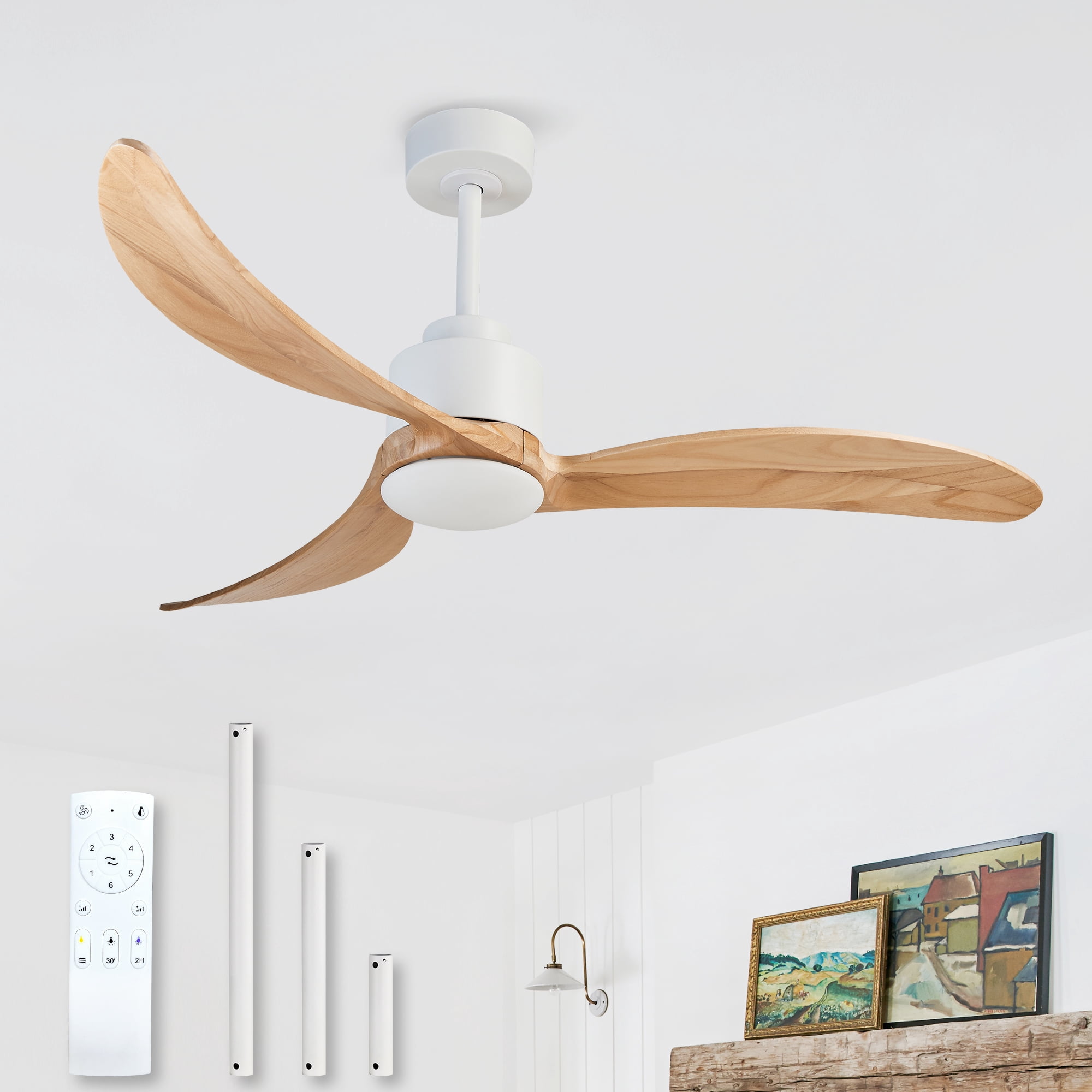 Ceiling Fan with Light, 52 Inch Solid Wood Blade Fan for Home Living Room Indoor Decor, White Wood