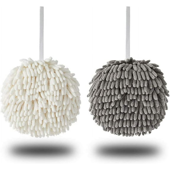 Namzi Soft Absorbent Chenille Hand Towels, Decorative Hanging Fuzzy Towels Ball, Thick Drying Cloth Hand Towel for Home Kitchen & Bathroom (White*1 Grey*1 )