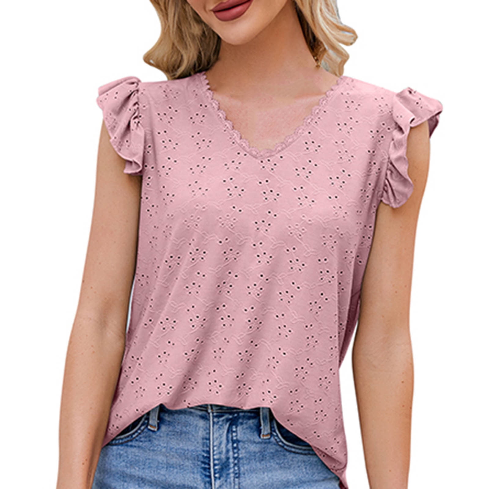 YYDGH Women's Summer Dressy Tops Casual V Neck Lace Trim Blouses Ruffle Cap Sleeve Eyelet Slim