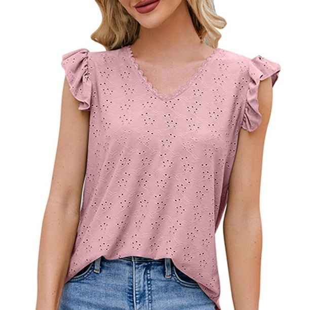 Elegante camiseta de manga corta con cuello en V sólido para mujer Blusa suelta Tops OAVQHLG3B Store lin121212