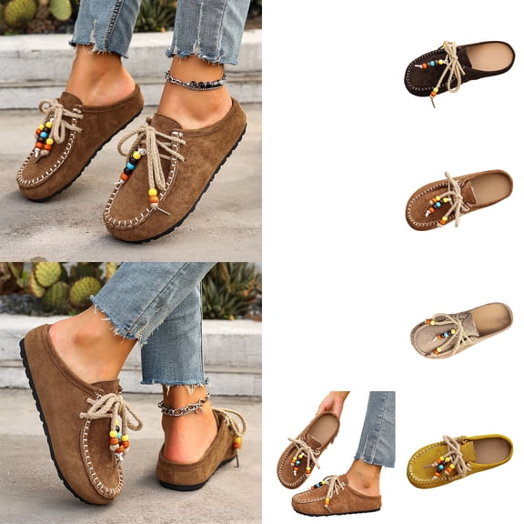 Xdegoge Women's Loafers Slip On Shoes Suede Moccasins Beaded Tassel Boho Walking Flats Summer Casual Closed Toe Lightweight Driving Shoes Fashion Footwear