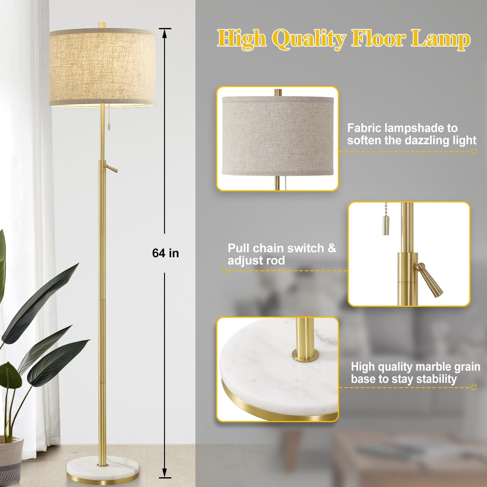 NATYSWAN Modern Floor Lamp for Living Room, Adjustable Height Standing Lamp with Marble Base Tall Lamp with Pull Chain Switch Floor Lamps for Living Room, Bedroom & Office Bulbs Not Included (Gold)