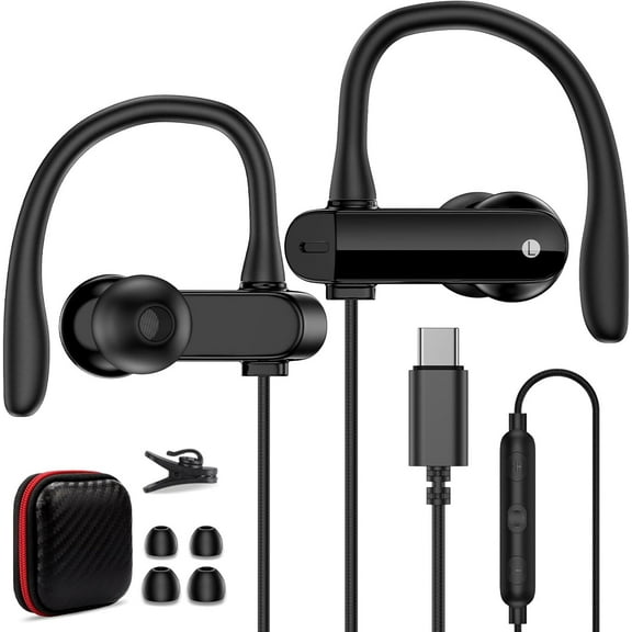 USB C Earbuds Wired Over Ear Headphones for iPhone 17 16 Pro Max Samsung S25 S24 Ultra A17 A16,Type C Sport Headphones Wired Earphones with Ear Hooks &Loop Microphone for iPad Pro Air Galaxy Z Fold 7
