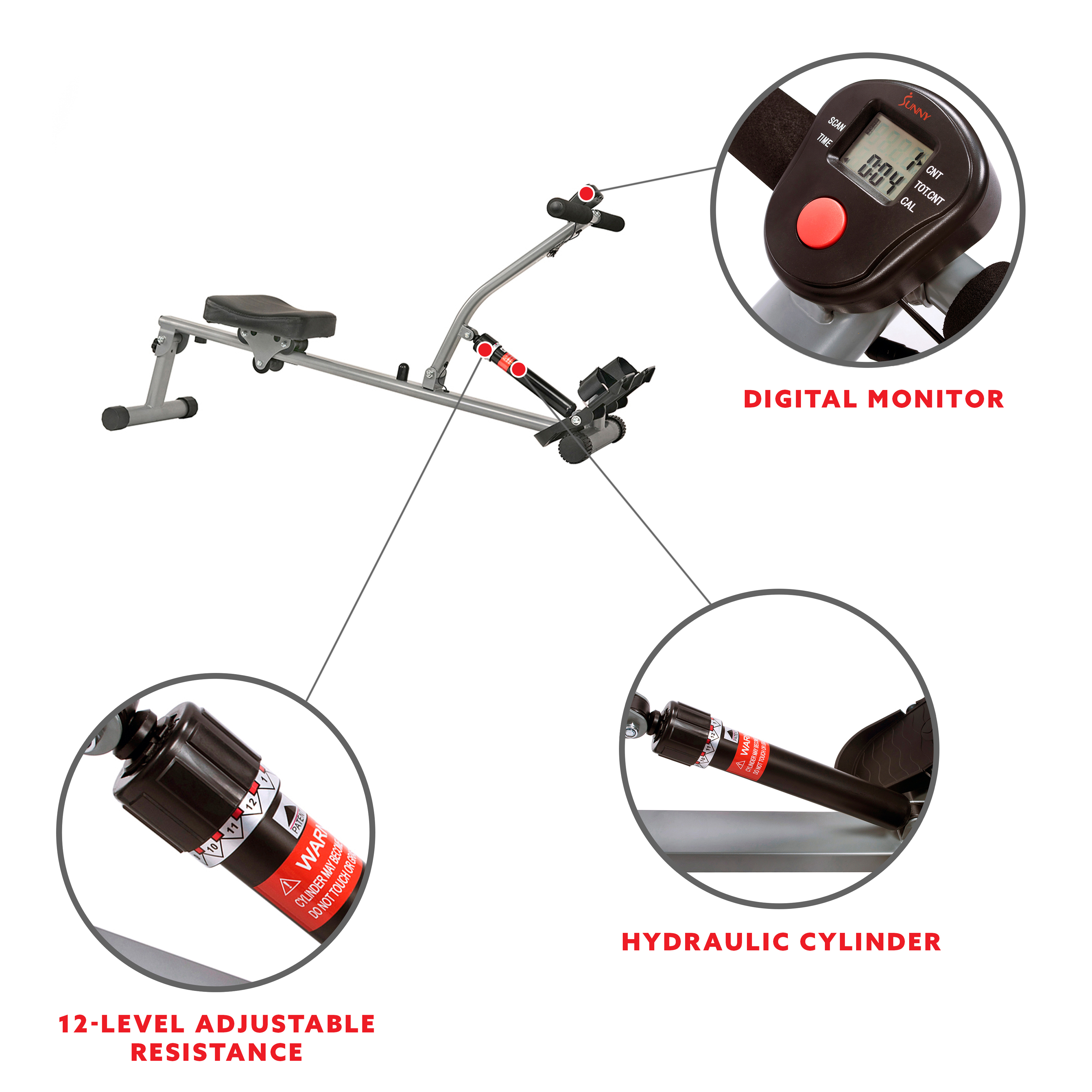 Sunny Health & Fitness SF-RW1205 12 Adjustable Resistance Rowing Machine Rower w/ Digital Monitor - image 3 of 9