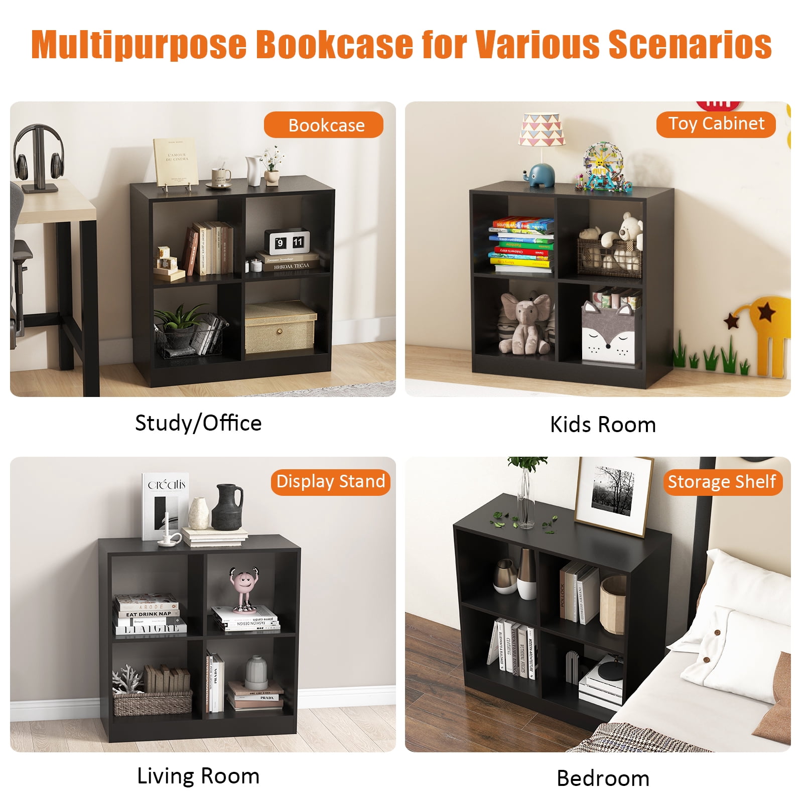 Giantex 4-Cube Bookcase, Freestanding Open Bookshelf, Storage Wooden Display Shelf, Black
