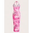 thumbnail image 2 of Pink Elegant Sexy Vacation Date Tie-Dye Print Backless Halter Maxi Dress For Women, 2 of 7