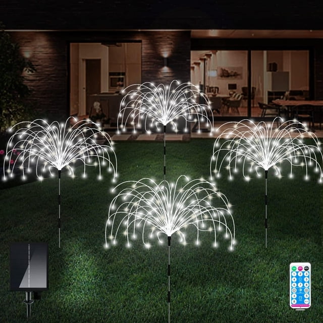 Luces solares para exteriores, paquete de 4 120 luces LED solares impermeables para fuegos artificiales, 8 modos, luz decorativa para paisaje con estaca y destellos, (blanco frío)