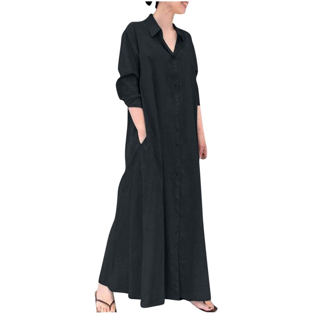 AherBiu Robe Boutonnée pour Femme, Col à Revers, Col en V, Manches Longues, Tenue de Bureau Décontractée, Maxi, avec Poches