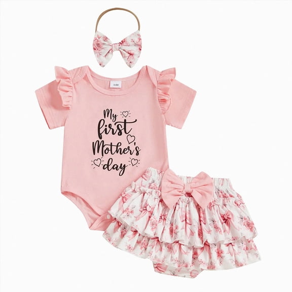 Sgkm Kids Clothes Girls Ruffle Romper Tutu Shorts with Hairband My First Mothers Day Outfit for Baby Girl Red 0-3 Months