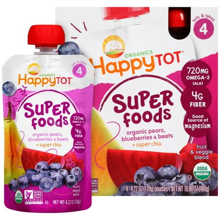 Happy Tots Blueberry, Pear & Beet Organic Superfoods for Kids 4 Pack