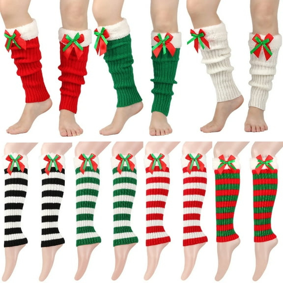 Janrevotw Leg Warmers for Women Girl 80s Y2K Ribbed Striped Leg Warmer Fleece Plush Trim Knitted Christmas Socks Fall Winter Streetwear