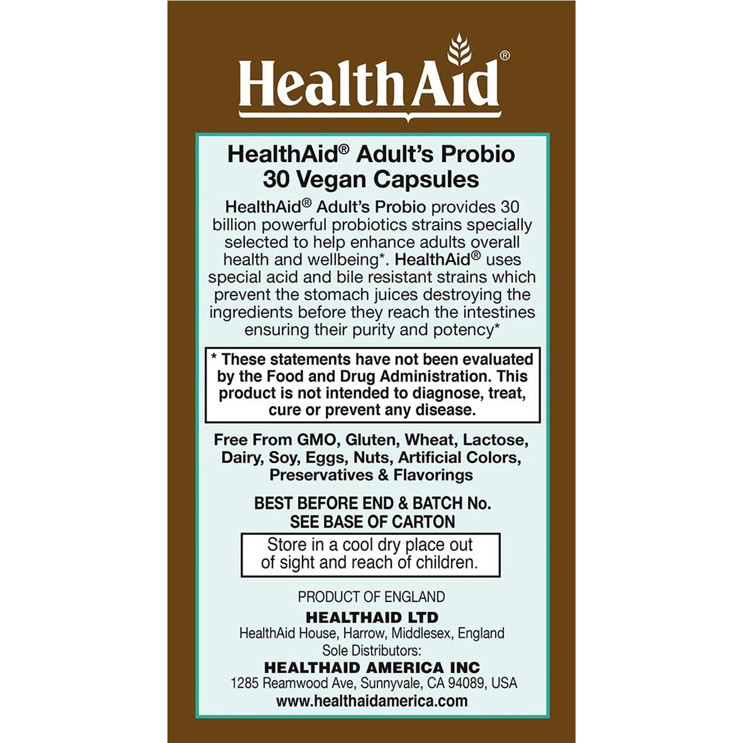 HealthAid AdultsProbio 10 Strains, Once Daily, 30 Billion with Prebiotic, Acid & Bile Resistant Strains, 30 Capsules