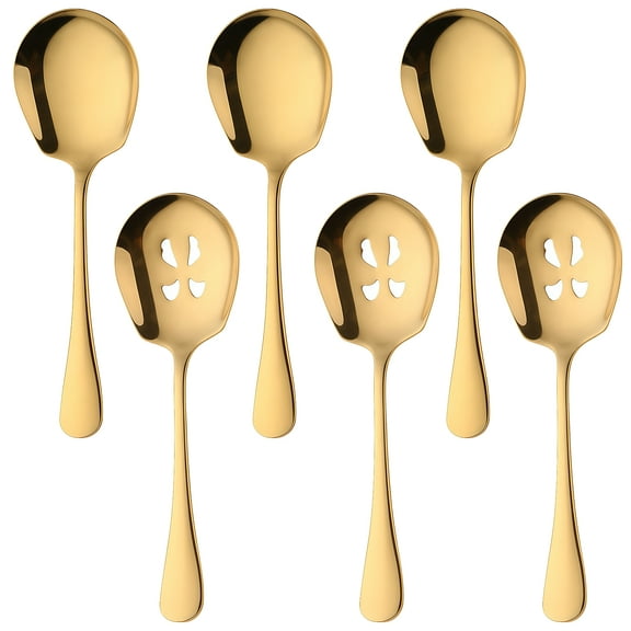 6-Piece Gold Stainless Steel Serving Spoon Set,Long Handle with Etched Design,for Buffet,Party,Banquet,Catering,Formal Dining