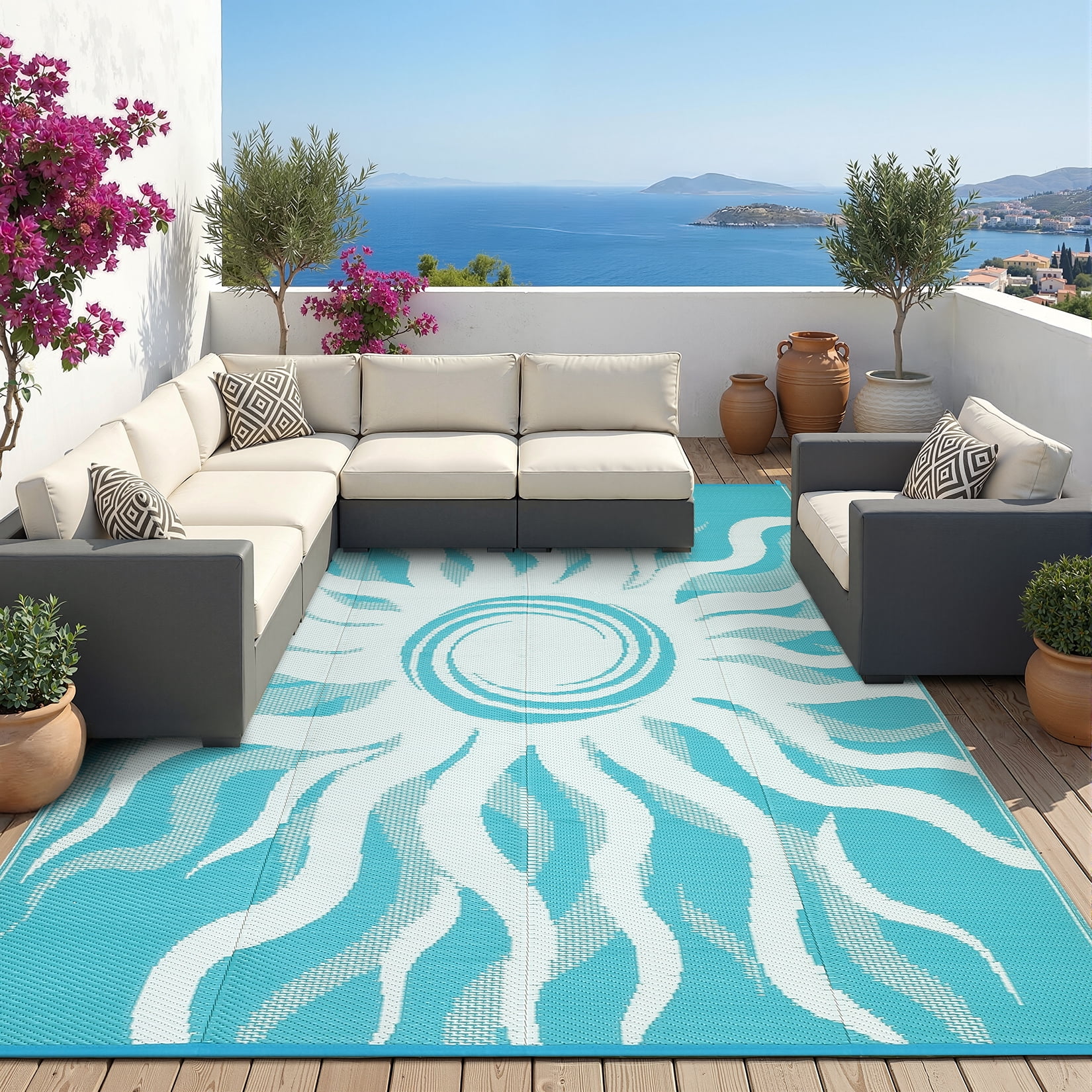 HIWEAVER Light Blue 9'x 12' Outdoor Rug Garden Decor Abstract Sun Pattern Carpet Plastic Straw Waterproof Reversible Patio Area Rug for Balcony Deck Picnic Portable Camping Mat