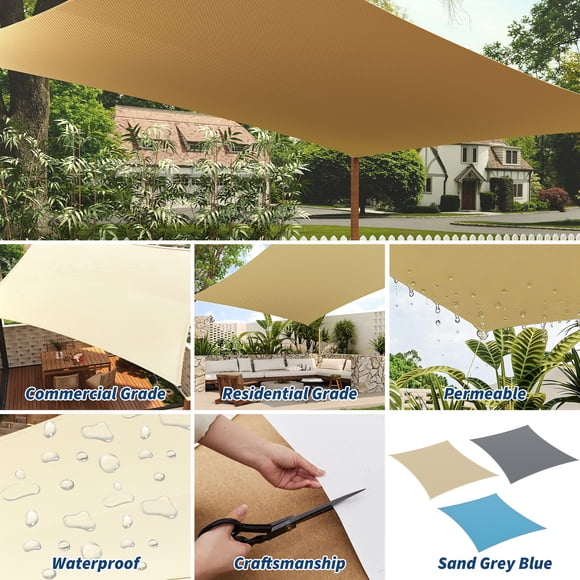 Voile d'Ombrage Rectangulaire à Blocage UV 95 % – Auvent de Patio Extérieur Robuste et Respirant en HDPE 185 G/m2 pour Cour Arrière, Terrasse, Jardin – Installation Facile – Sable, 8 X 10 Pi