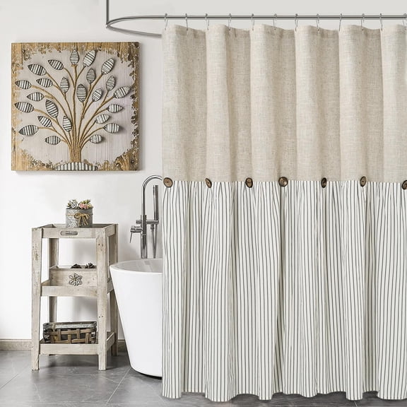 Country chic shower curtain, beige gray stripe linen cotton fabric, farmhouse bathroom decor, easy install with 12 buttonholes, 72x72 inches, gray