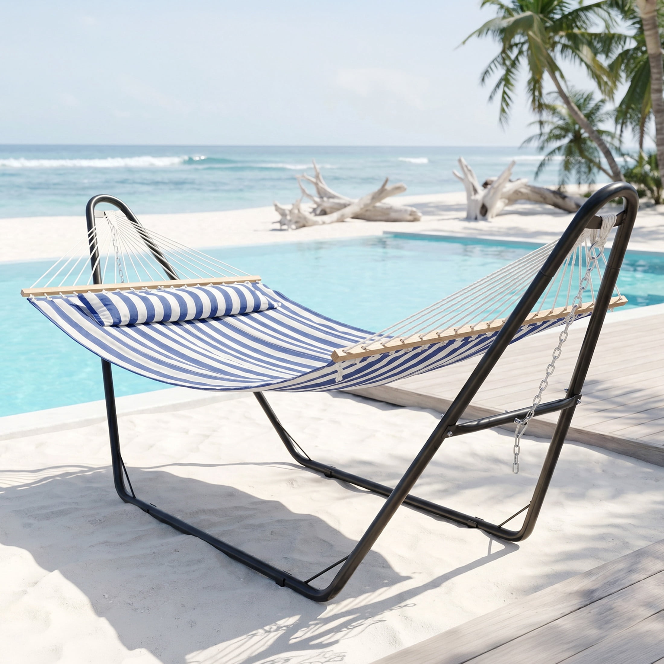 Sunnydaze 2-Person Polyester Spreader Bar Hammock with Stand, 440 lb Capacity - Blue/White Stripe