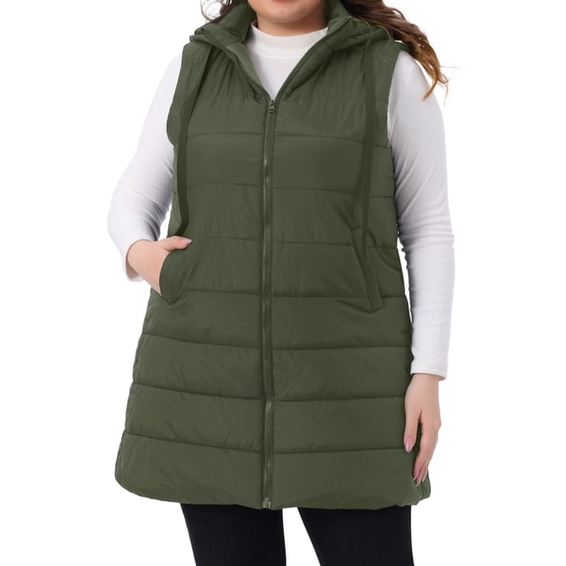 Agnes Orinda Veste Longue Matelassée à Capuche Zippée pour Femmes Grande Taille avec Poches 3X Vert Armée