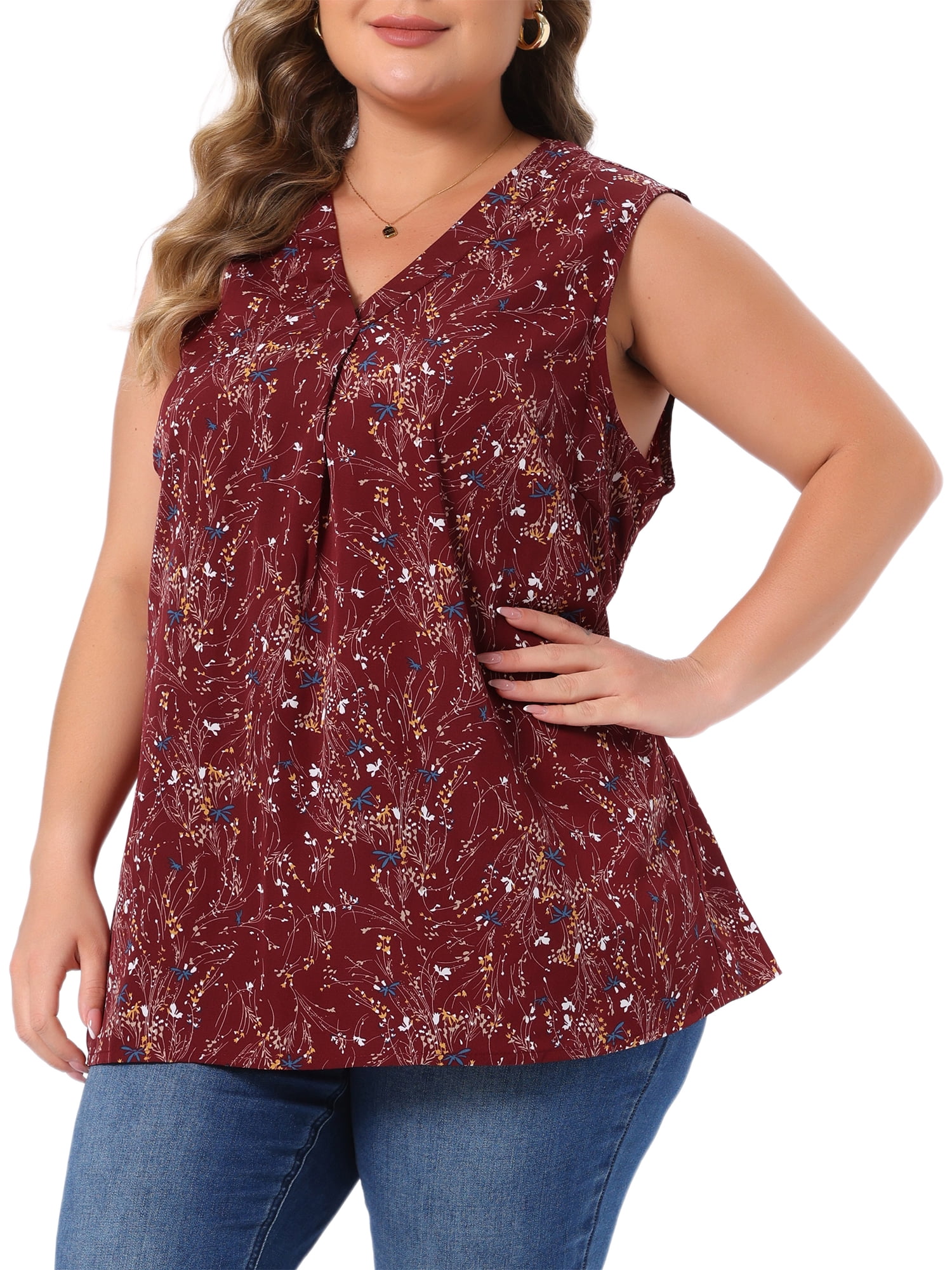 DARING DIVA Women's Stylish Plus Size Floral Sleeveless Tank Tops 4X Dark Red