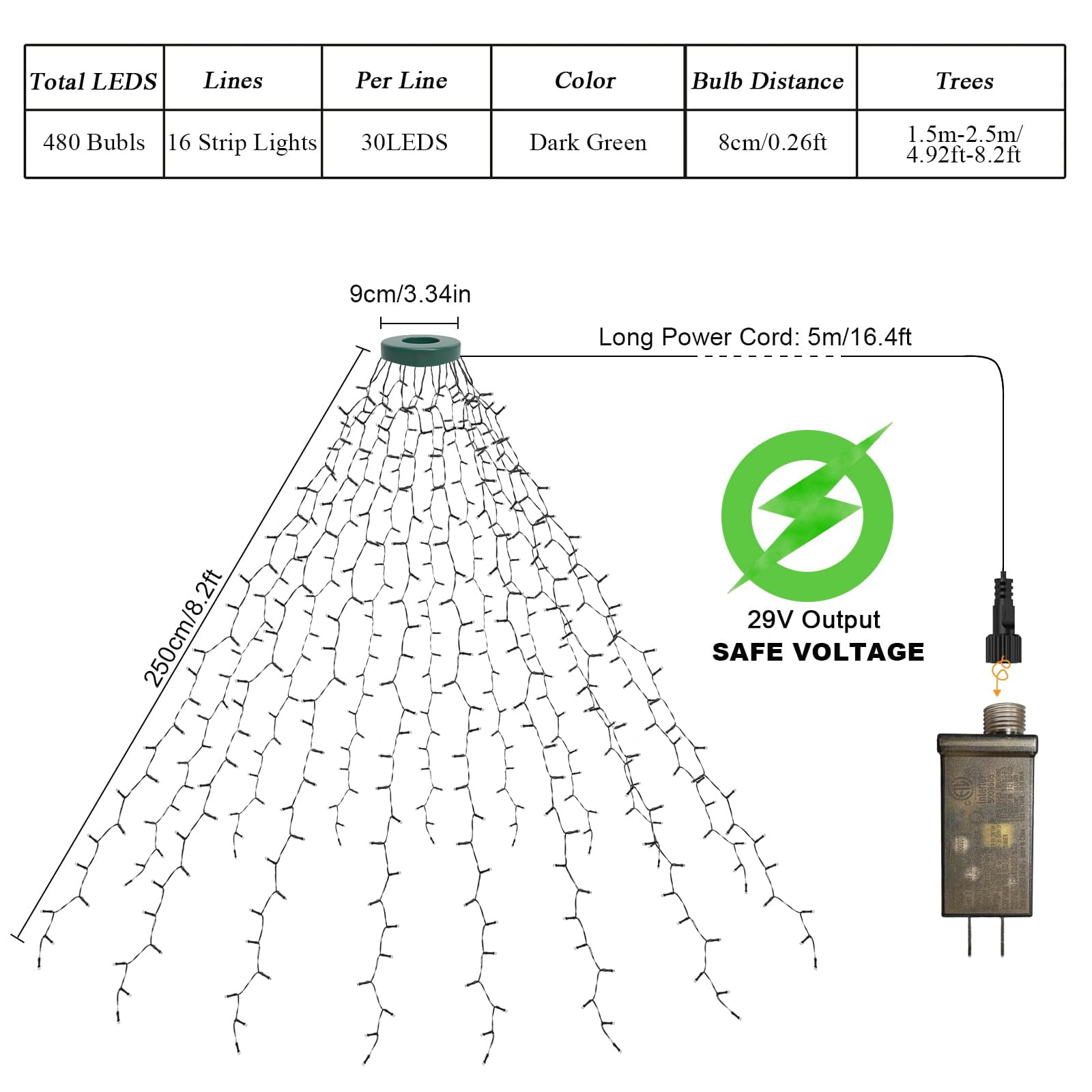 Christmas Tree Lights with Ring, Christmas String Lights for Tree, 8.2ft 16 Line 480 LED Christmas Light with 11 Modes and Timer, Xmas Fir Pine Party Decoration for Outdoor Indoor, Multicolor