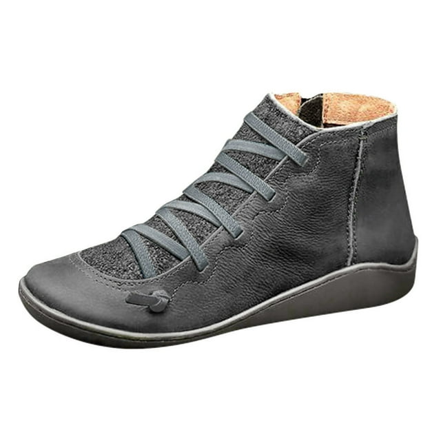 Kcodviy Bottes Rétro Décontractées Plates en Cuir pour Femmes, Bottes Rétro en Suède à Lacets, Bottines pour Femmes, Bottes à Talon Bas avec Fermeture Éclair Latérale, Bout Rond, Bottes de Vache pour Femmes, Bottes Chaussures