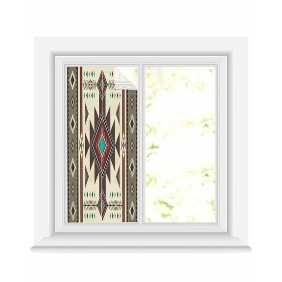 Window Privacy Film Brown Southwest Stained Glass Window Film Decorative Sun Block Window Cover Ethnic Boho Tribal Vintage Geometric Window Clings Static Adhesive Sticker for Bathroom 17.7"x39.3"