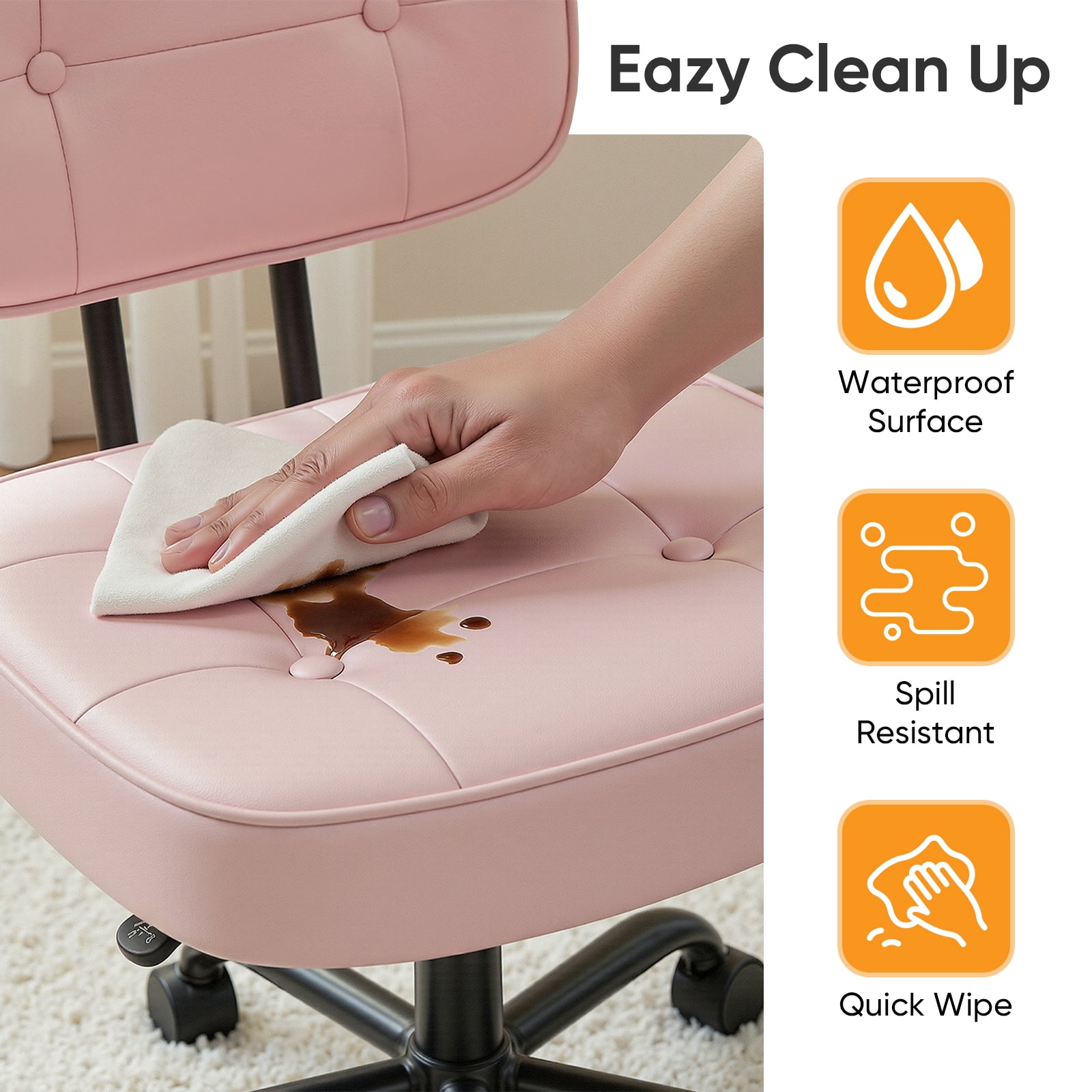 Gianna Ergonomic PU Leather Desk Chair, Armless Rolling Chair with Thickened Cushion for Small Spaces