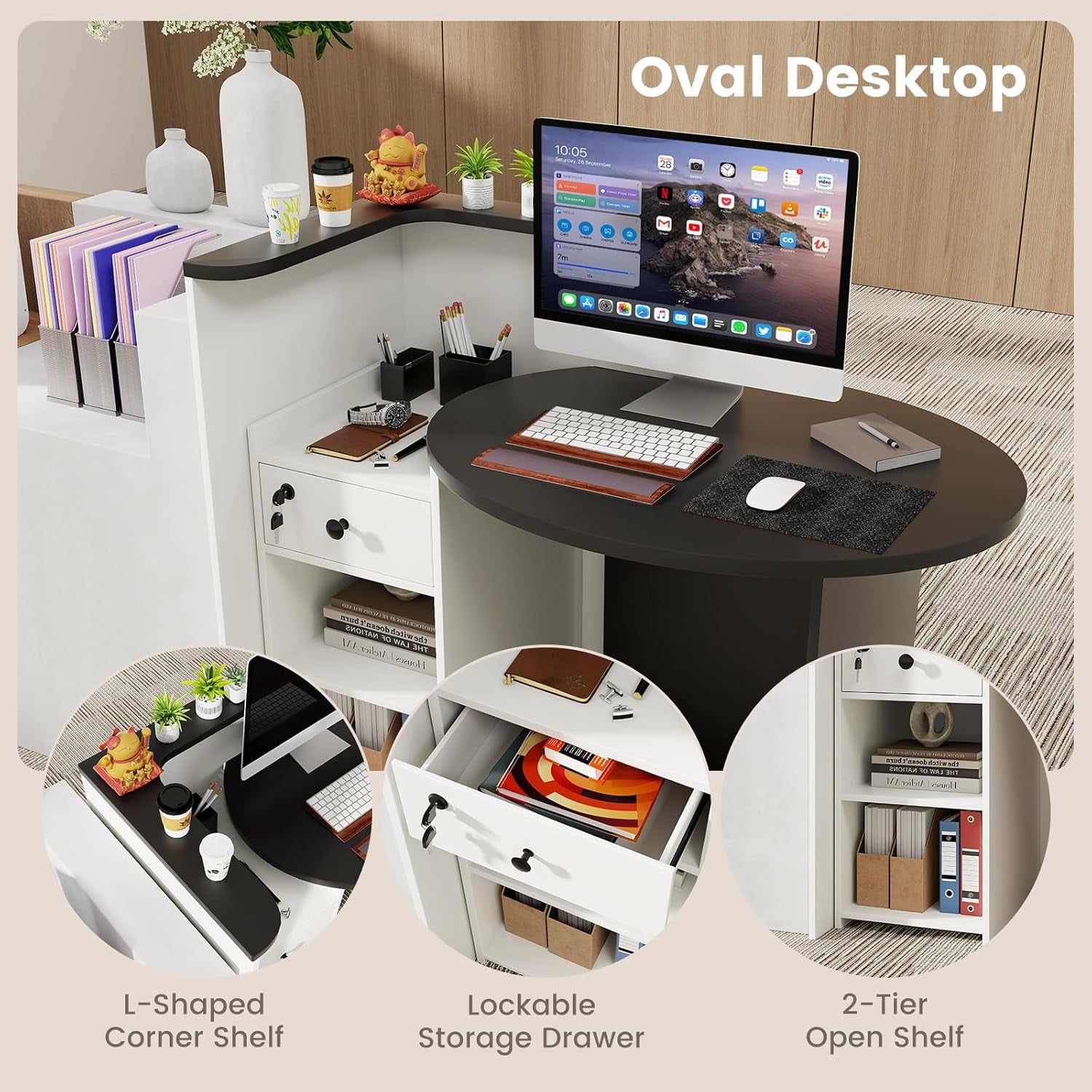 Reception Desk, Small Retail Checkout Counter with Lockable Drawer and Open Shelves, Wooden Front Desk Reception Counter, Oval Desktop & L Counter for Store Office Lobby Salon (Black & White)