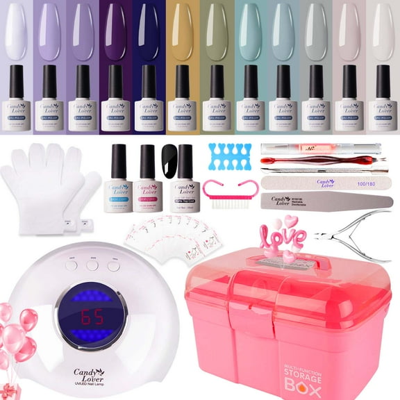 Candy Lover Gel Nail Polish Kit with UV LED Lamp, 12 Colors Romance Cool Gel Polish Starter Kit, All-in-One Quick Dry Long-Lasting Nail Gel Kit with Manicure Tools Valentine Gift for Women