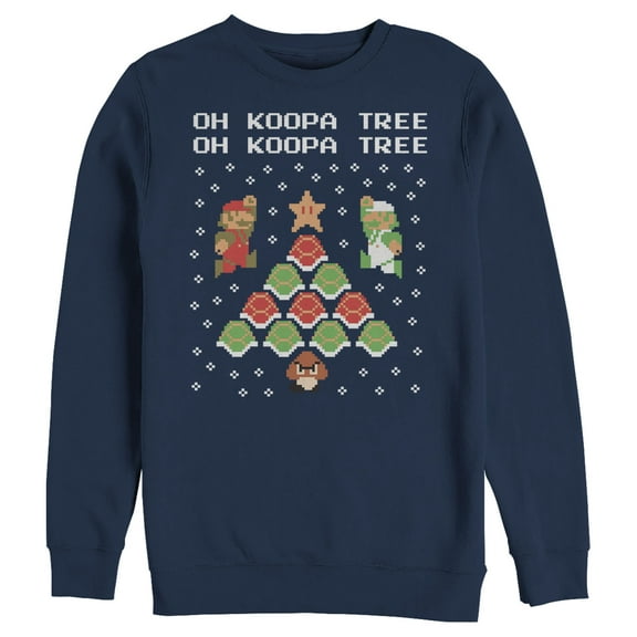 Men's Nintendo Christmas Mario Bros. Koopa Tree  Sweatshirt Navy Blue Small