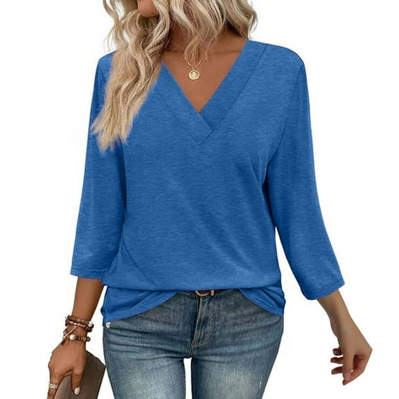 Texiao 3/4 Length Sleeve Women's Tops V Neck Casual Tunic Tops Basic Shirts Loose Fit Blouse